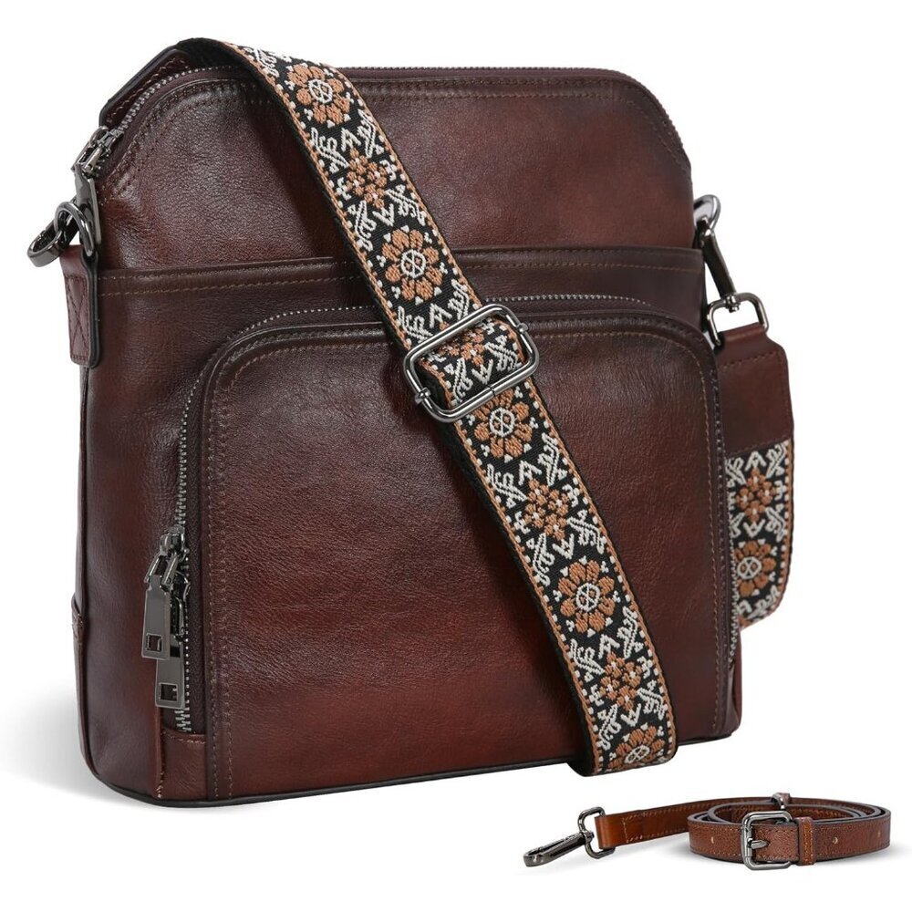 Women Coffee Leather Imported Zipper Purse Crossbody Shoulder Bag